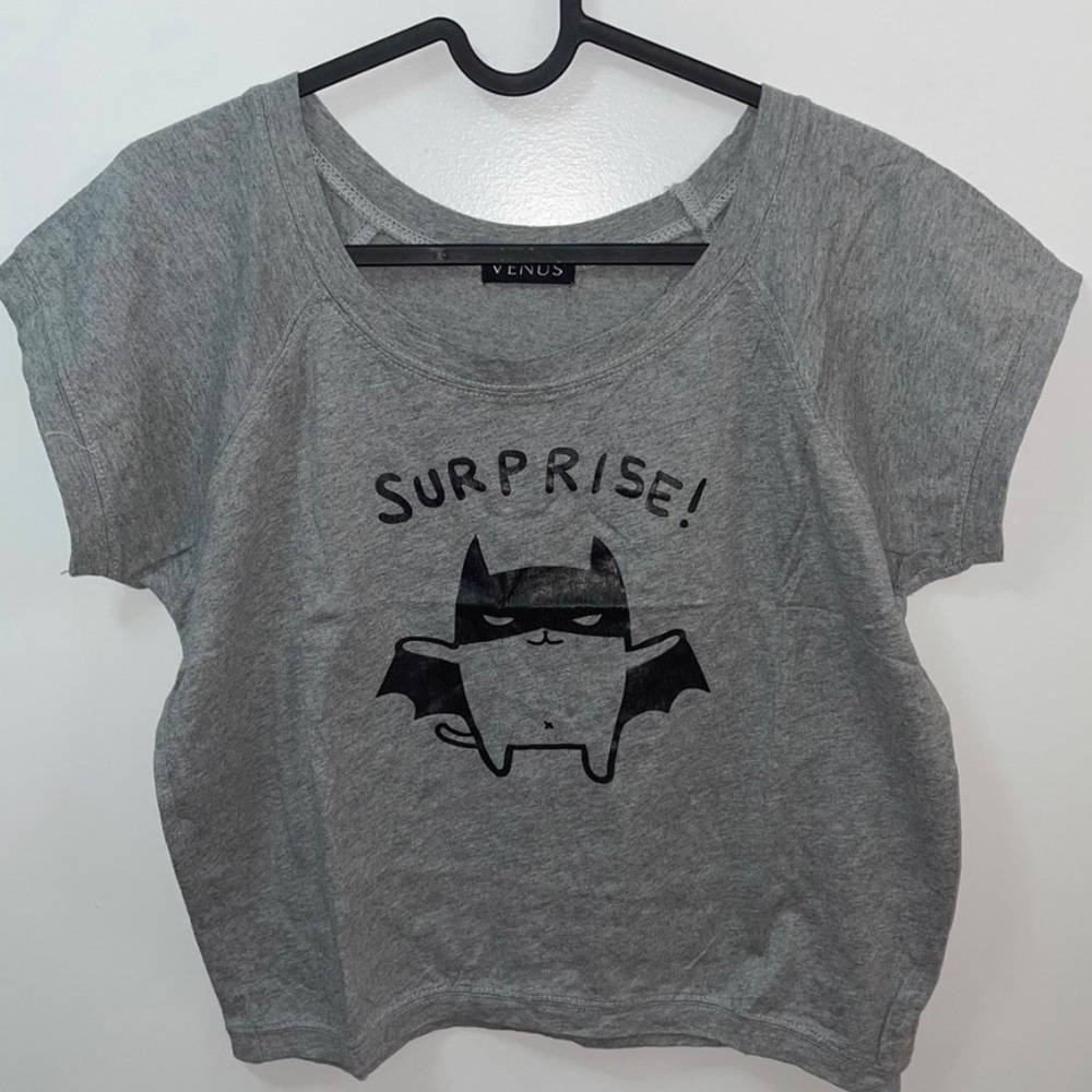 Heather grey shirt with cute bat cat